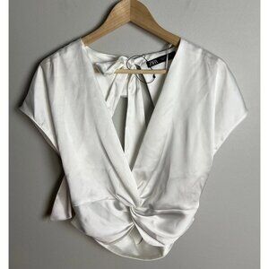 Zara White Knotted Satin Top Crop Polyester Open Back Size Large Women’s